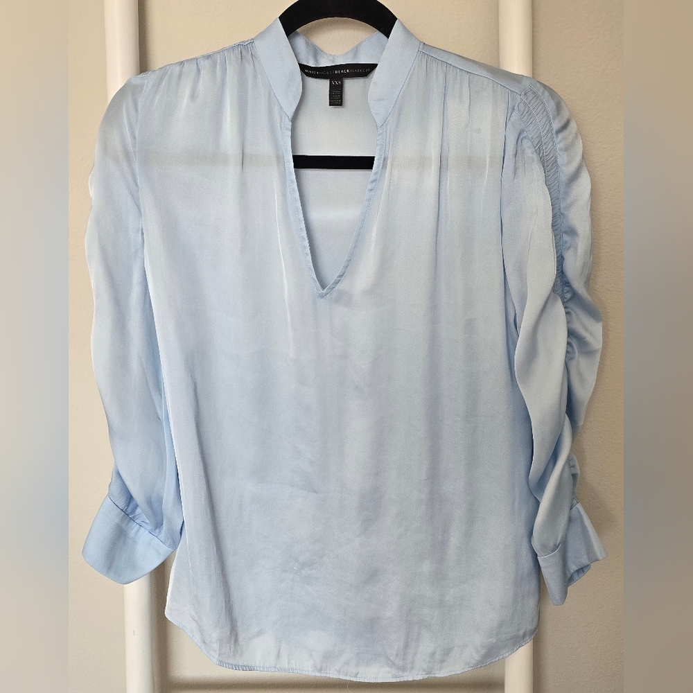 White House Black Market Light Blue Blouse With Rouched Sleeves - Picture 4 of 8